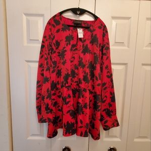 Lane Bryant Red & Black Floral Long Sleeve Blouse NWT